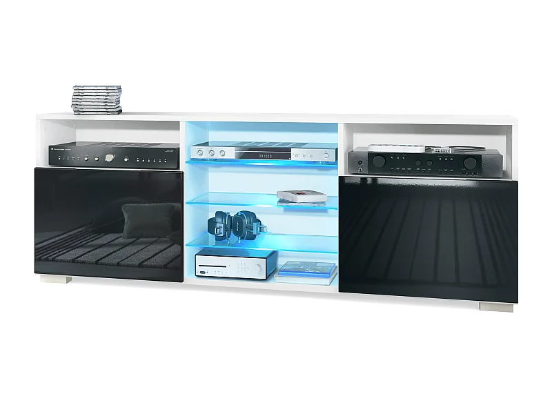 Tavolino TV Granada, mobile per televisore con 2 ante e 6 vani a giorno, mobile bianco opaco, frontali in nero lucido con illuminazione LED RGB (146 x 54 x 35 cm)