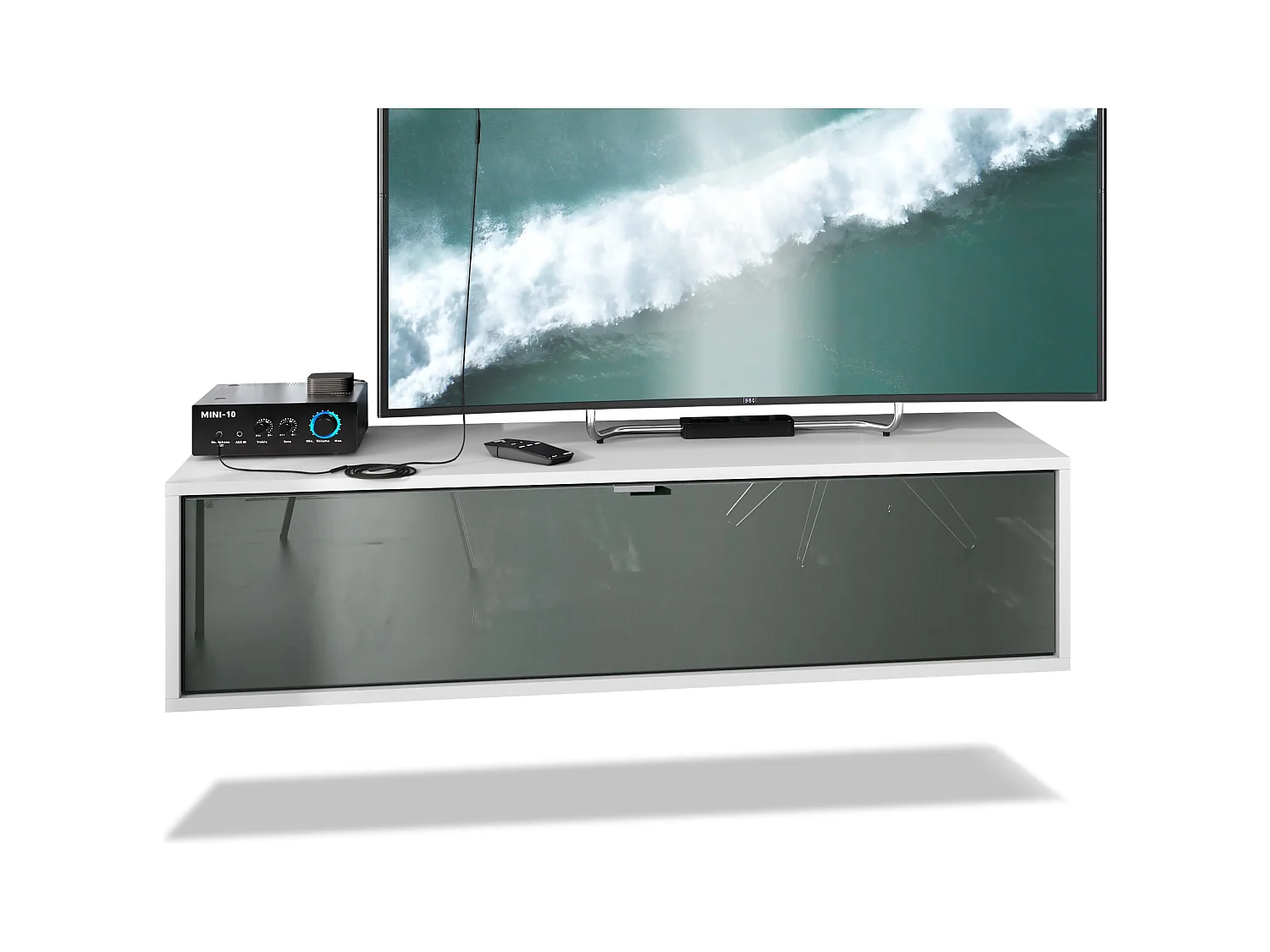 Meuble TV Lana 120 armoire murale lowboard 120 x 29 x 37 cm, caisson en Blanc mat, façades en Gris haute brillance | Grand choix de couleurs