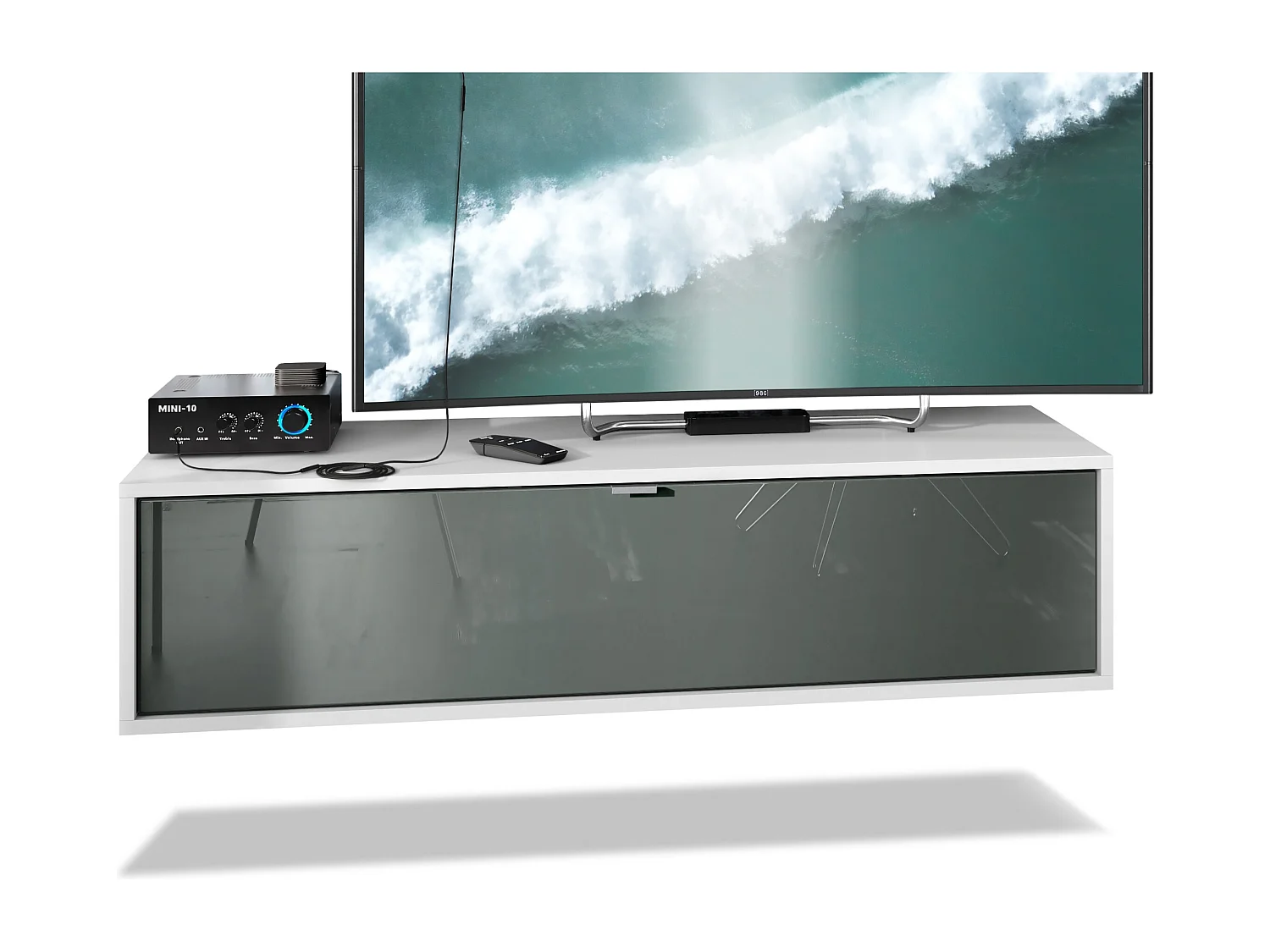 Meuble TV Lana 120 armoire murale lowboard 120 x 29 x 37 cm, caisson en Blanc mat, façades en Gris haute brillance | Grand choix de couleurs