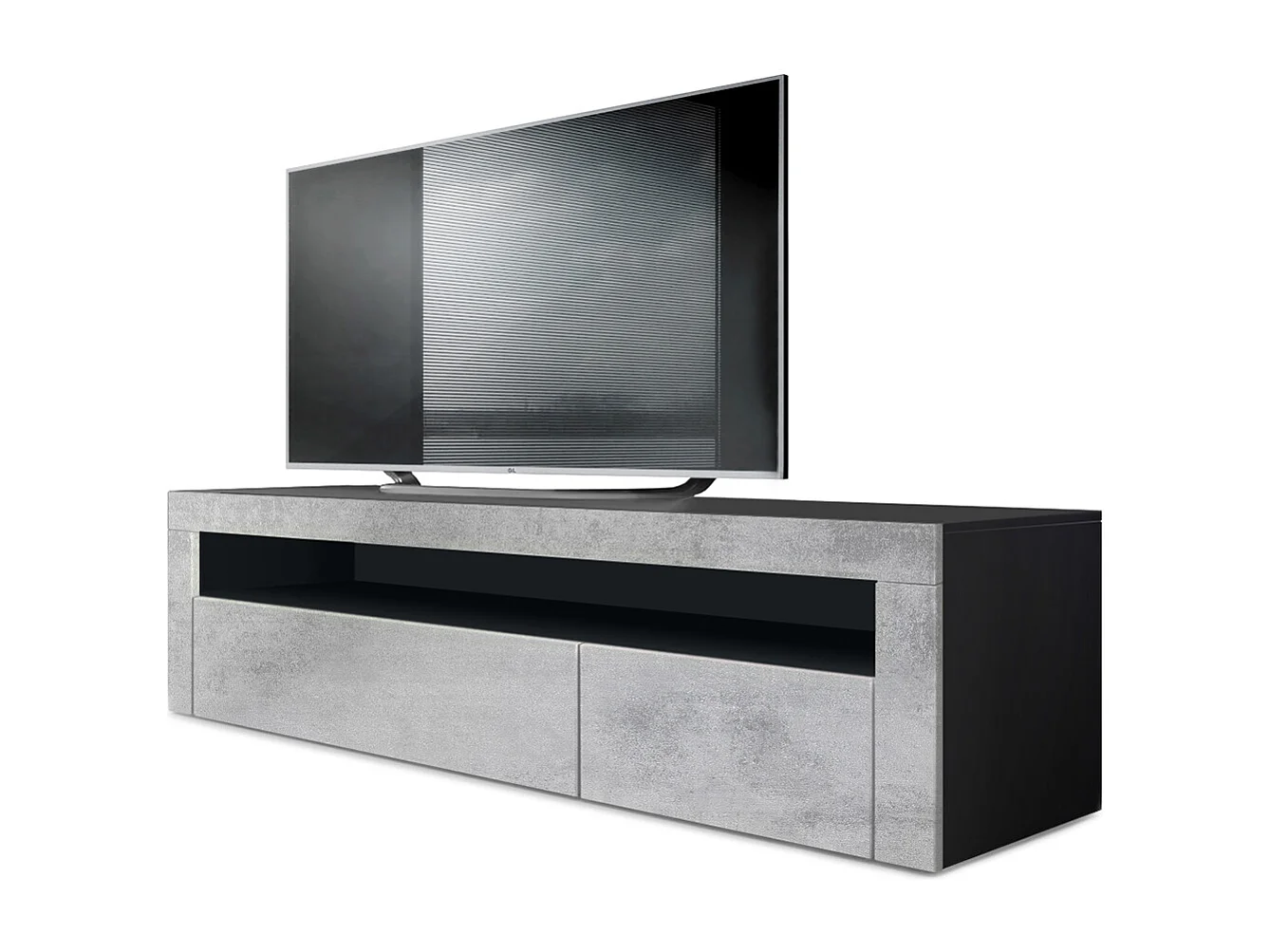Buffet bas Valencia, Meuble TV avec 1 compartiment ouvert et 2 clapets, Noir mat/aspect béton oxyde/aspect béton oxyde (155 x 46 x 40 cm)