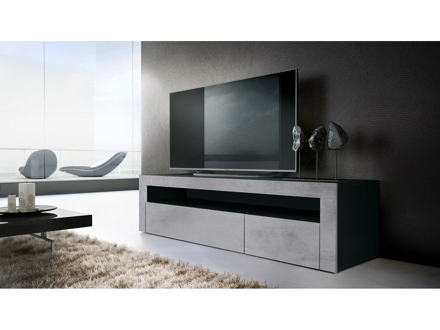 Buffet bas Valencia, Meuble TV avec 1 compartiment ouvert et 2 clapets, Noir mat/aspect béton oxyde/aspect béton oxyde (155 x 46 x 40 cm)