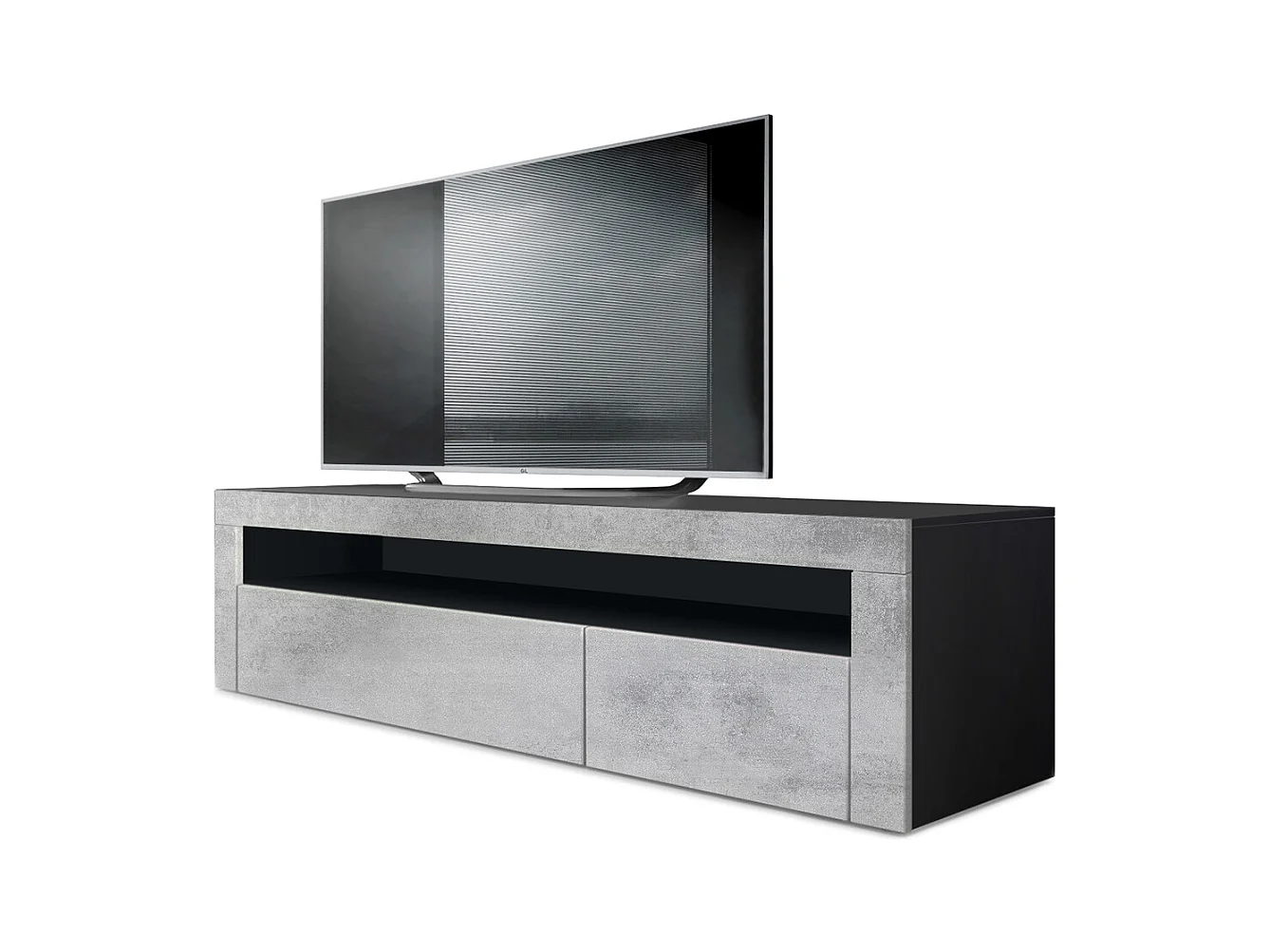 Buffet bas Valencia, Meuble TV avec 1 compartiment ouvert et 2 clapets, Noir mat/aspect béton oxyde/aspect béton oxyde (155 x 46 x 40 cm)