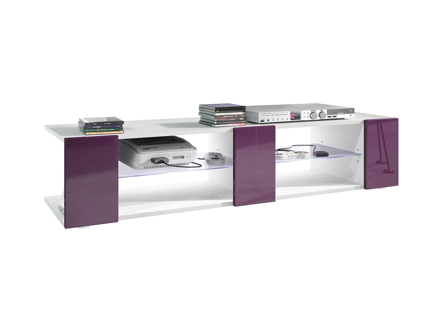 Buffet bas Movie V2, Meuble TV avec 6 compartiments ouverts et placages décoratifs, Blanc mat/Mûre brillant, éclairage LED blanc inclus (134 x 29 x 39 cm)