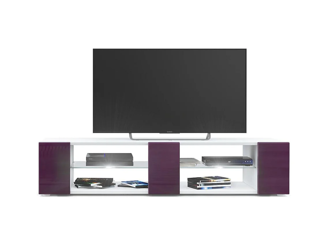 Buffet bas Movie V2, Meuble TV avec 6 compartiments ouverts et placages décoratifs, Blanc mat/Mûre brillant, éclairage LED blanc inclus (134 x 29 x 39 cm)