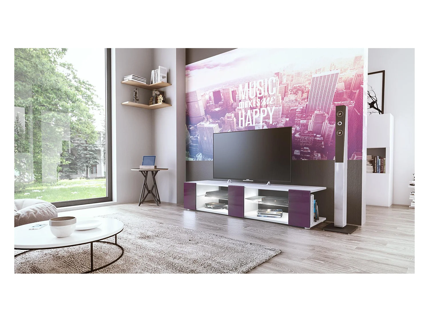 Buffet bas Movie V2, Meuble TV avec 6 compartiments ouverts et placages décoratifs, Blanc mat/Mûre brillant, éclairage LED blanc inclus (134 x 29 x 39 cm)