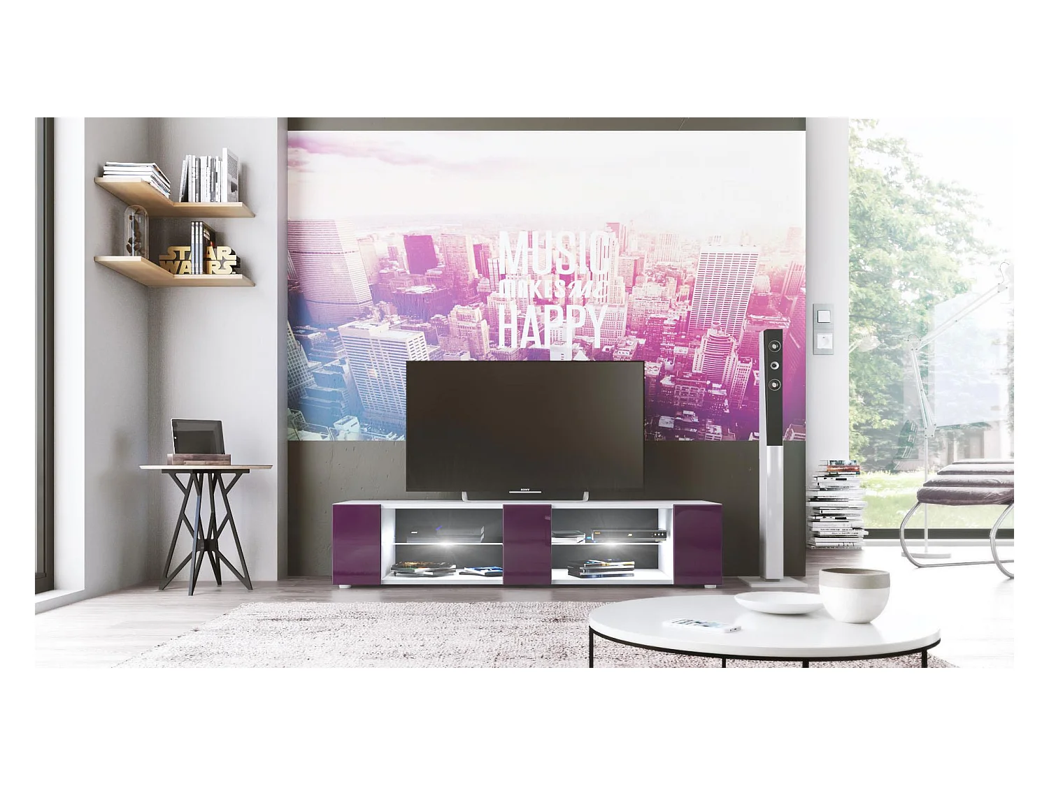 Buffet bas Movie V2, Meuble TV avec 6 compartiments ouverts et placages décoratifs, Blanc mat/Mûre brillant, éclairage LED blanc inclus (134 x 29 x 39 cm)