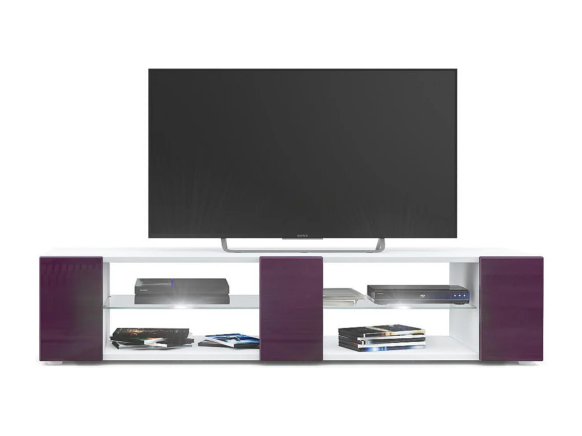 Buffet bas Movie V2, Meuble TV avec 6 compartiments ouverts et placages décoratifs, Blanc mat/Mûre brillant, éclairage LED blanc inclus (134 x 29 x 39 cm)
