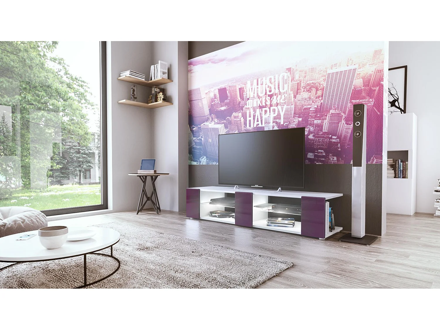 Buffet bas Movie V2, Meuble TV avec 6 compartiments ouverts et placages décoratifs, Blanc mat/Mûre brillant, éclairage LED blanc inclus (134 x 29 x 39 cm)