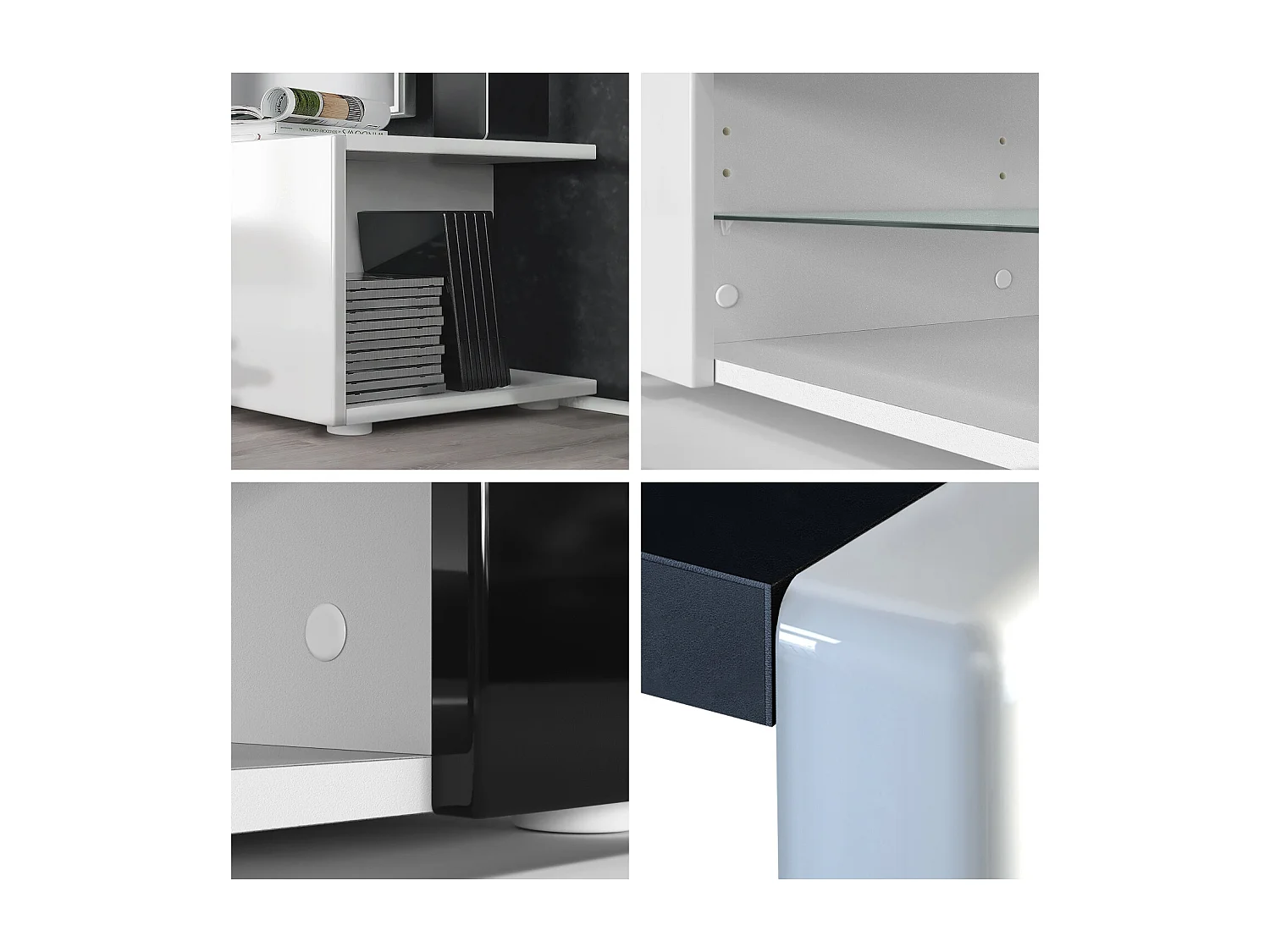 Buffet bas Movie V2, Meuble TV avec 6 compartiments ouverts et placages décoratifs, Blanc mat/Mûre brillant, éclairage LED blanc inclus (134 x 29 x 39 cm)