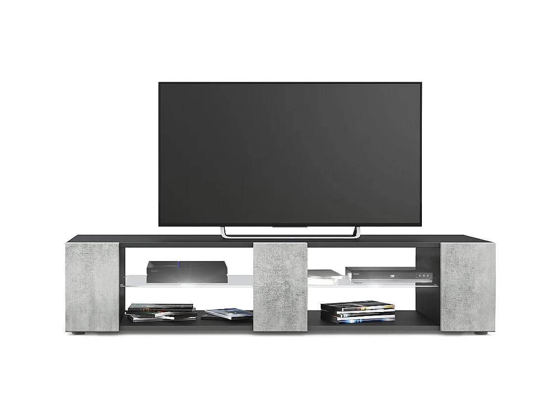 Buffet bas Movie V2, Meuble TV avec 6 compartiments ouverts et placages décoratifs, Noir mat/Aspect Béton Oxyde éclairage LED blanc inclus (134 x 29 x 39 cm)