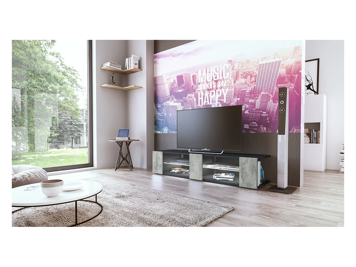 Buffet bas Movie V2, Meuble TV avec 6 compartiments ouverts et placages décoratifs, Noir mat/Aspect Béton Oxyde éclairage LED blanc inclus (134 x 29 x 39 cm)