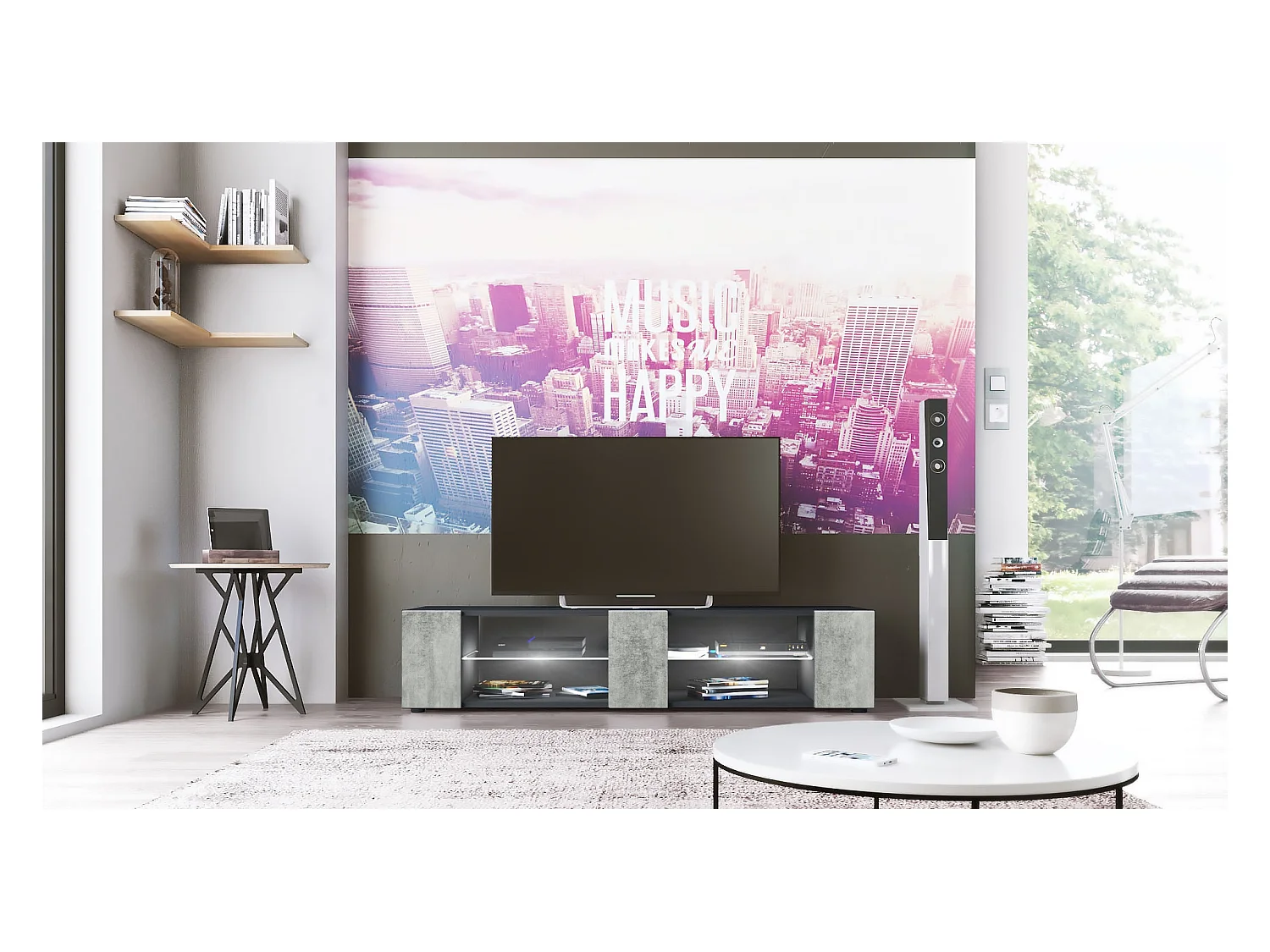 Buffet bas Movie V2, Meuble TV avec 6 compartiments ouverts et placages décoratifs, Noir mat/Aspect Béton Oxyde éclairage LED blanc inclus (134 x 29 x 39 cm)