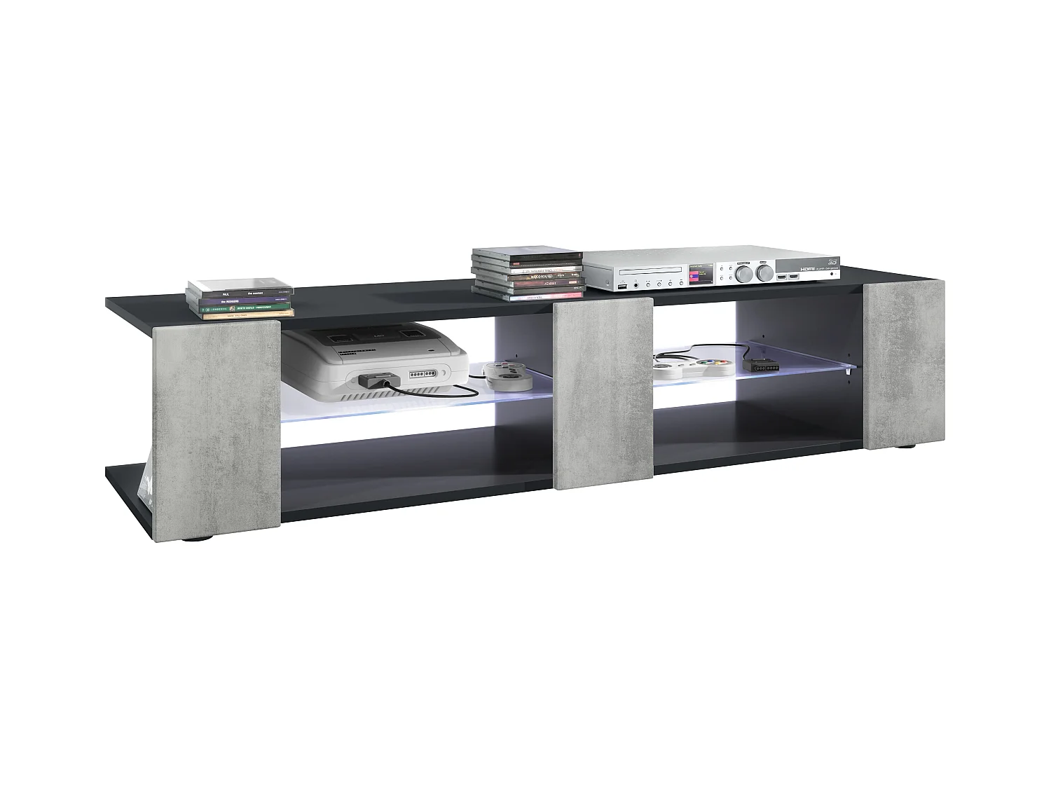Buffet bas Movie V2, Meuble TV avec 6 compartiments ouverts et placages décoratifs, Noir mat/Aspect Béton Oxyde éclairage LED blanc inclus (134 x 29 x 39 cm)
