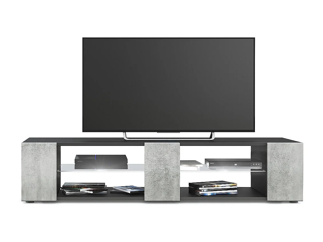 Buffet bas Movie V2, Meuble TV avec 6 compartiments ouverts et placages décoratifs, Noir mat/Aspect Béton Oxyde éclairage LED blanc inclus (134 x 29 x 39 cm)