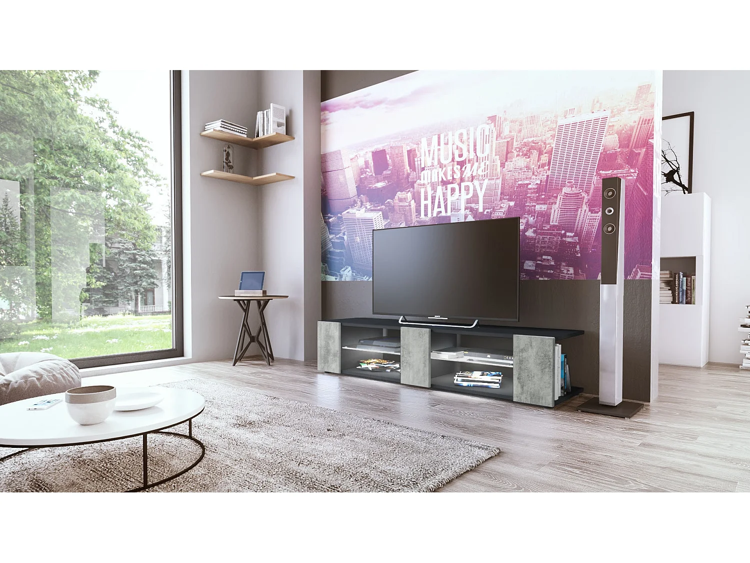 Buffet bas Movie V2, Meuble TV avec 6 compartiments ouverts et placages décoratifs, Noir mat/Aspect Béton Oxyde éclairage LED blanc inclus (134 x 29 x 39 cm)