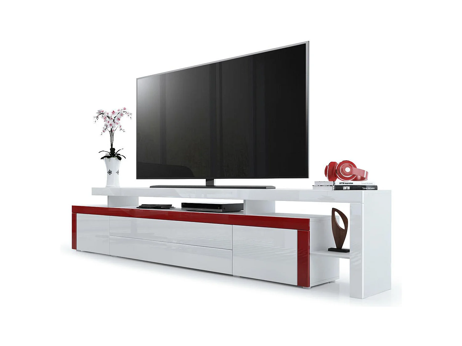 Meuble TV bas Leon, Corps en blanc mat / Façades en blanc haute brillance avec une bodure en bordeaux haute brillance (227 x 52 x 35 cm)
