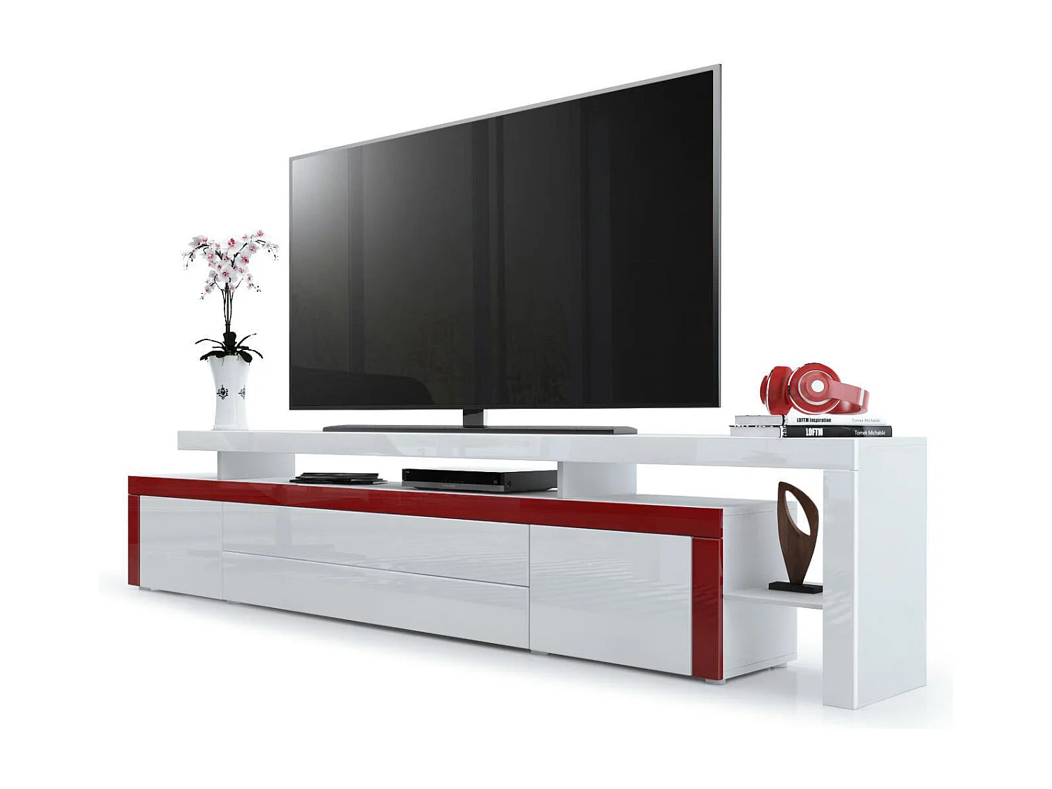 Mobile porta-tv Leon, Carcassa e supporto rialzato in bianco opaco / Frontale in bianco lucido con cornice in bordeaux lucido (227 x 52 x 35 cm)