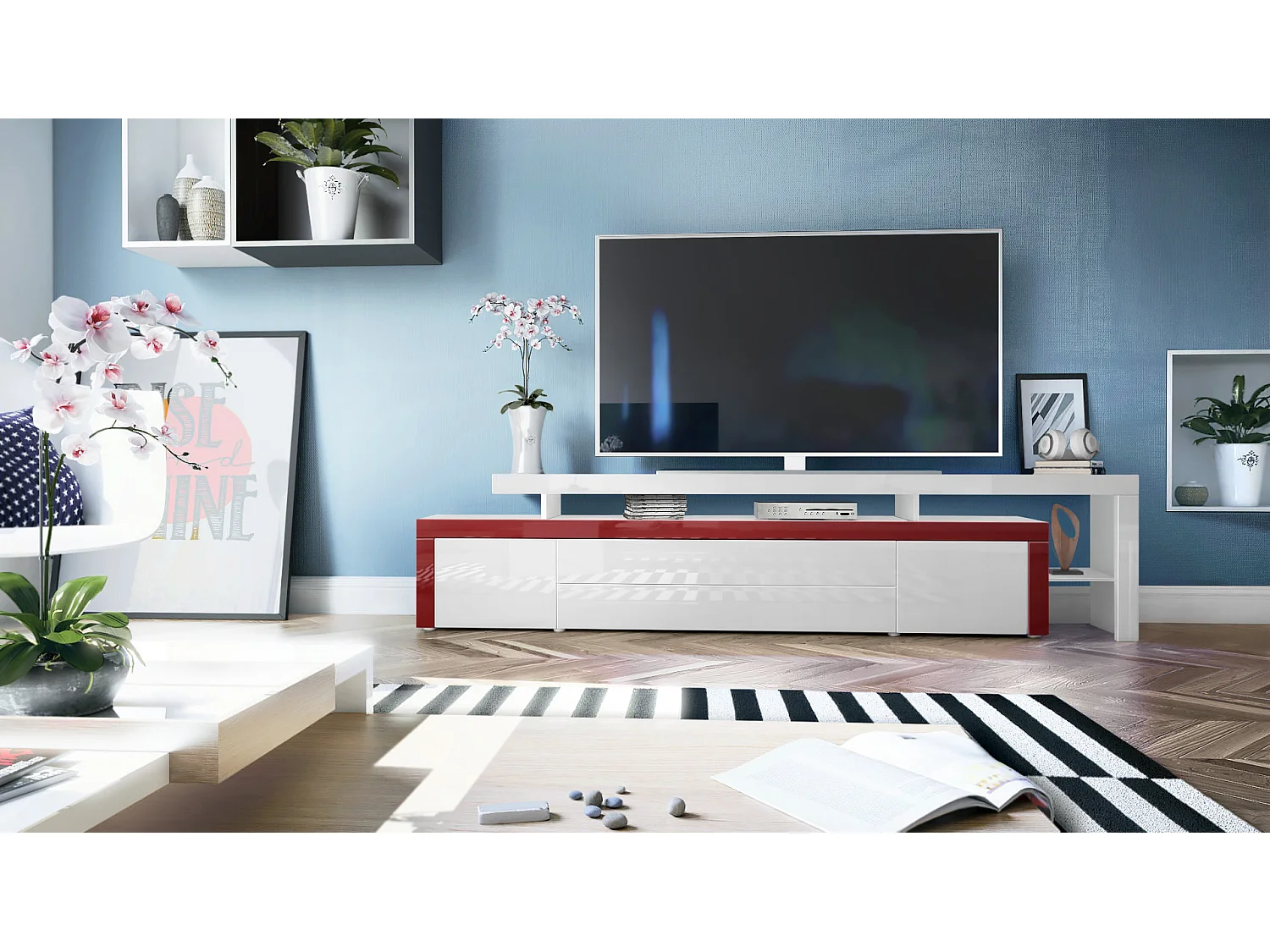 Mobile porta-tv Leon, Carcassa e supporto rialzato in bianco opaco / Frontale in bianco lucido con cornice in bordeaux lucido (227 x 52 x 35 cm)