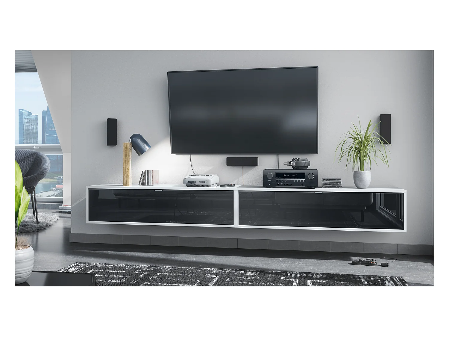 Ensemble de 2 set meuble TV Lana 120, lowboards de 120x29x37 cm chacun avec beaucoup d'espace de rangement, caisson en Blanc mat, façades en Noir brillant