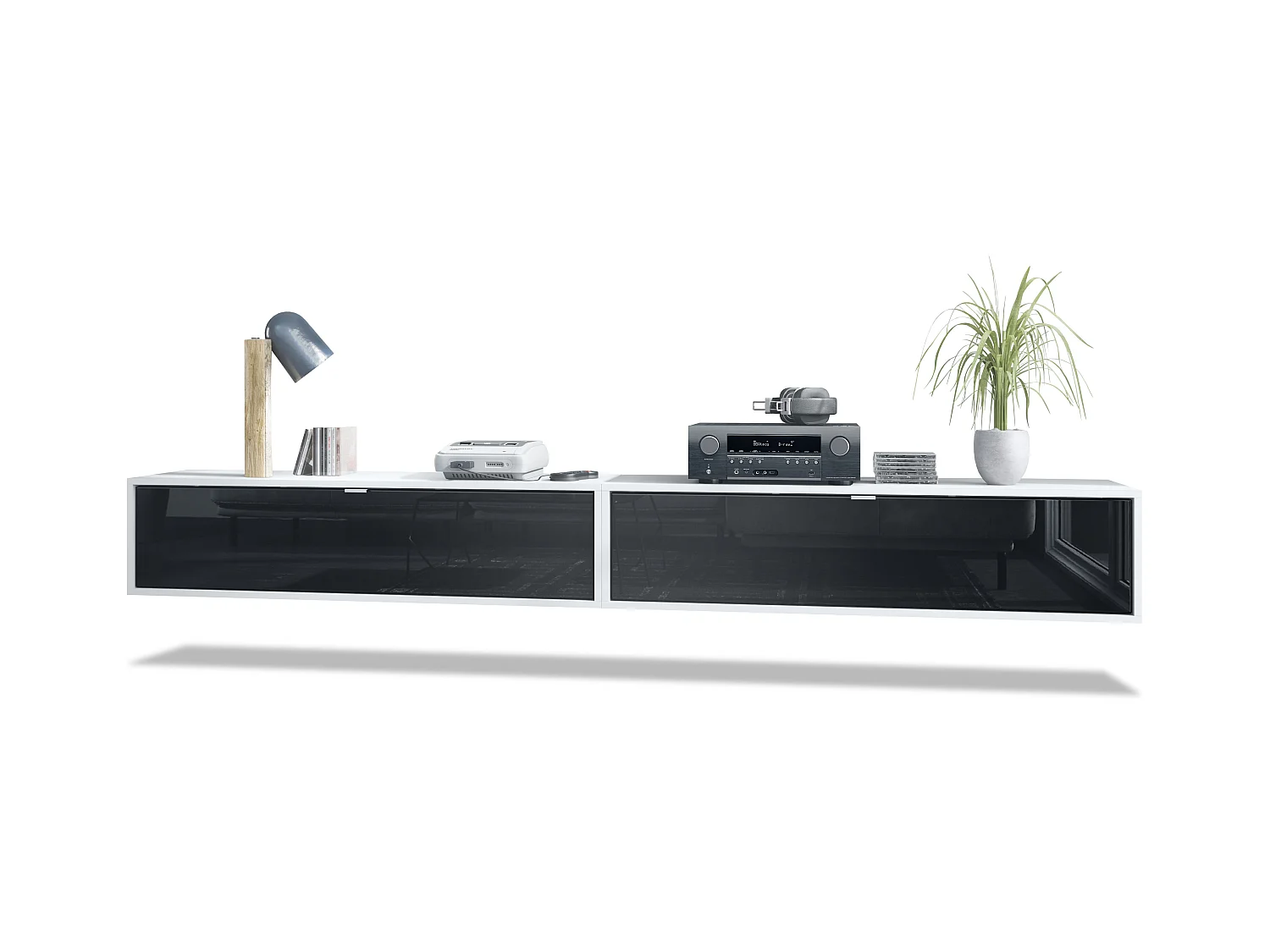 Ensemble de 2 set meuble TV Lana 120, lowboards de 120x29x37 cm chacun avec beaucoup d'espace de rangement, caisson en Blanc mat, façades en Noir brillant