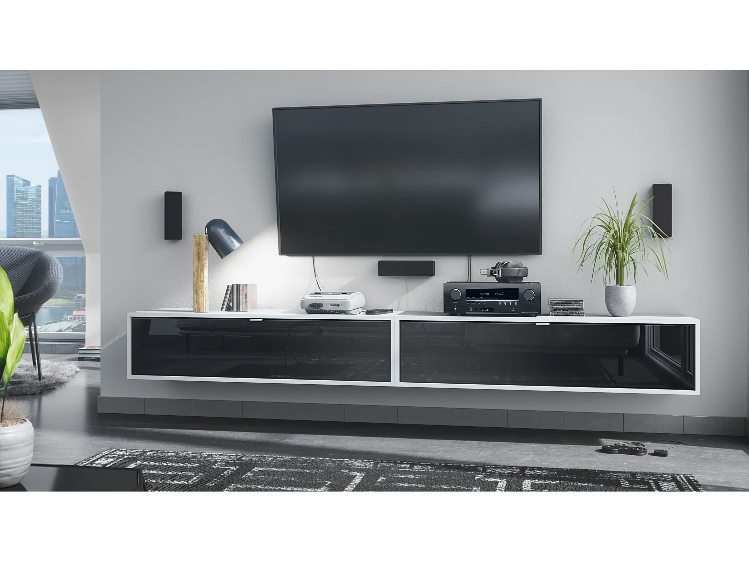 Ensemble de 2 set meuble TV Lana 120, lowboards de 120x29x37 cm chacun avec beaucoup d'espace de rangement, caisson en Blanc mat, façades en Noir brillant