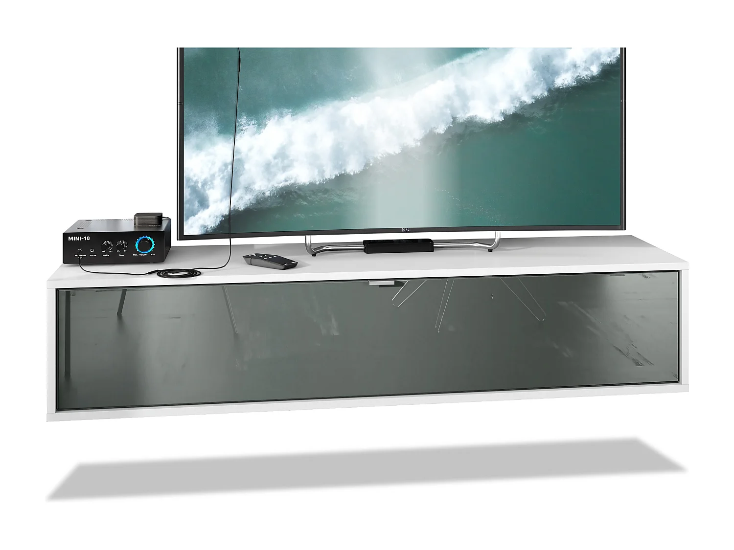 Mueble televisor Lana 140 Mueble de pared para televisión 140 x 29 x 37 cm, Cuerpo en Blanco Mate, Frentes en Gris de alto brillo | Gran variedad de colores