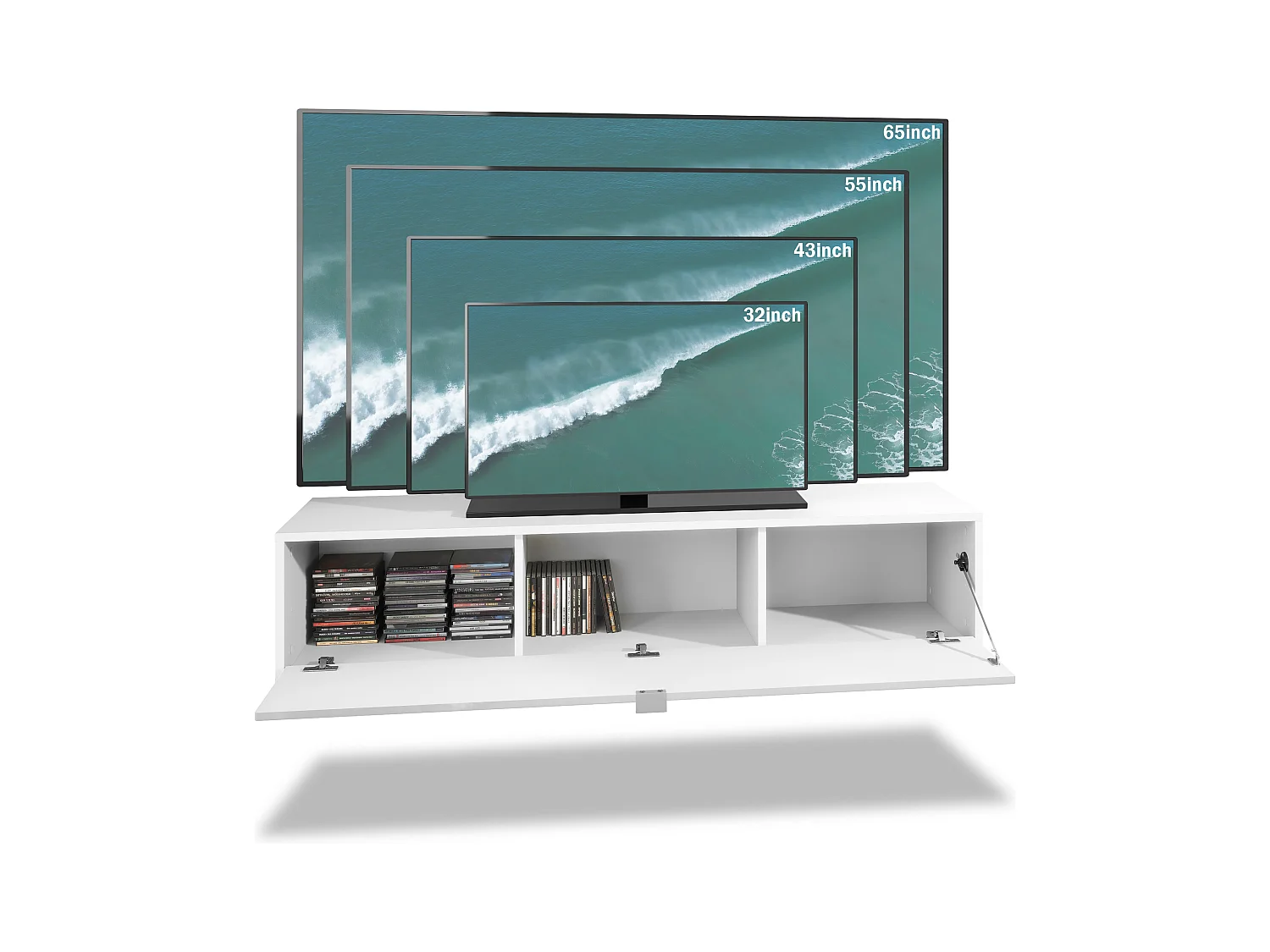 Mueble televisor Lana 140 Mueble de pared para televisión 140 x 29 x 37 cm, Cuerpo en Blanco Mate, Frentes en Gris de alto brillo | Gran variedad de colores
