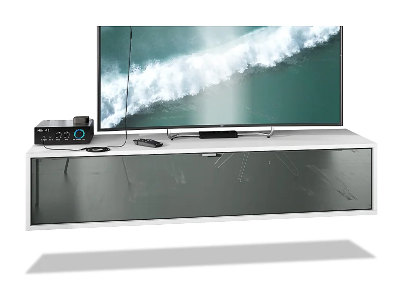 Meuble TV Lana 140 armoire murale lowboard 140 x 29 x 37 cm, caisson en blanc mat, façades en Gris haute brillance | Grand choix de couleurs