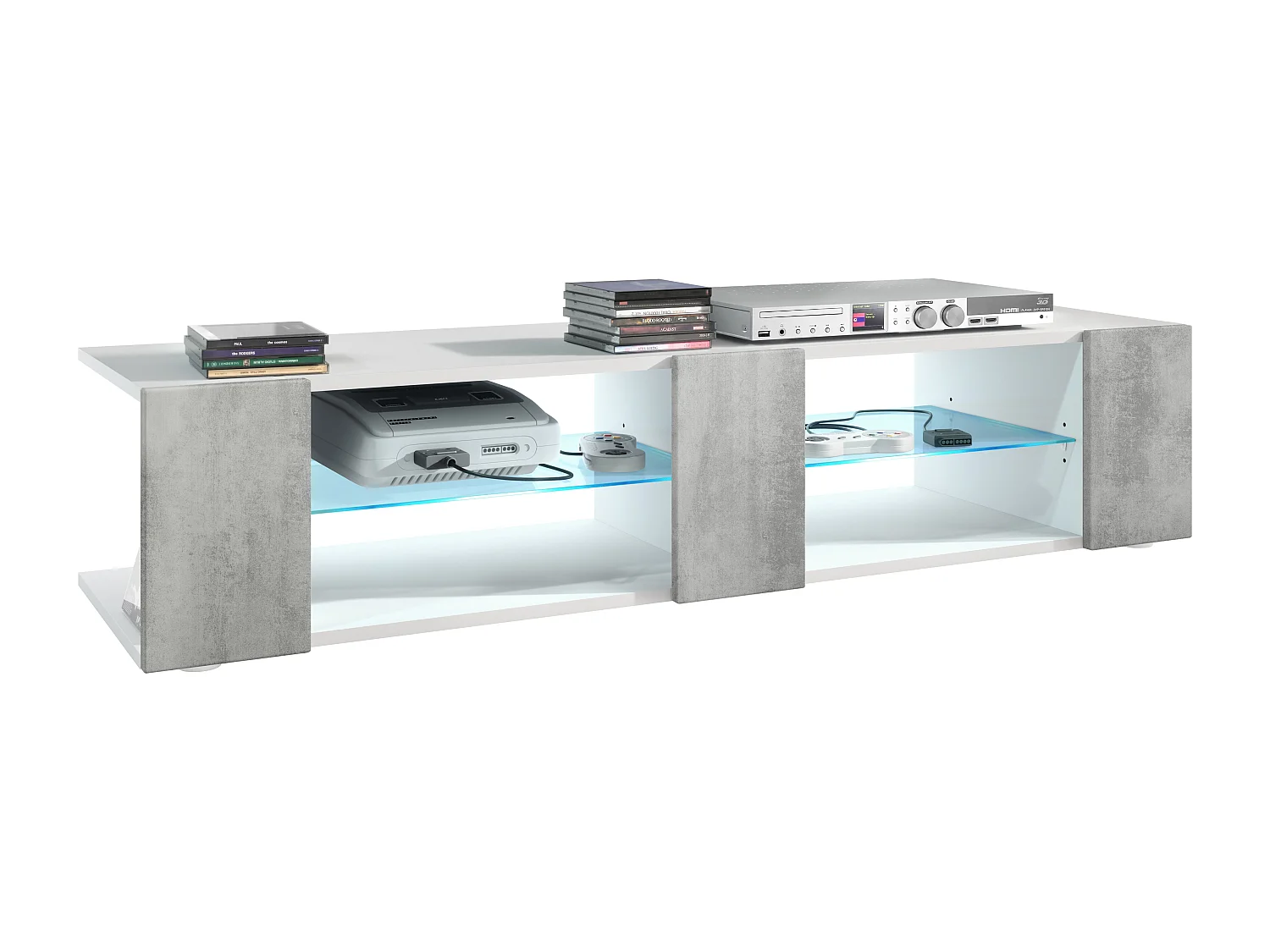 Buffet bas Movie V2, Meuble TV avec 6 compartiments ouverts et placages décoratifs, Blanc mat/Aspect Béton Oxyde, éclairage LED bleu inclus (134 x 29 x 39 cm)