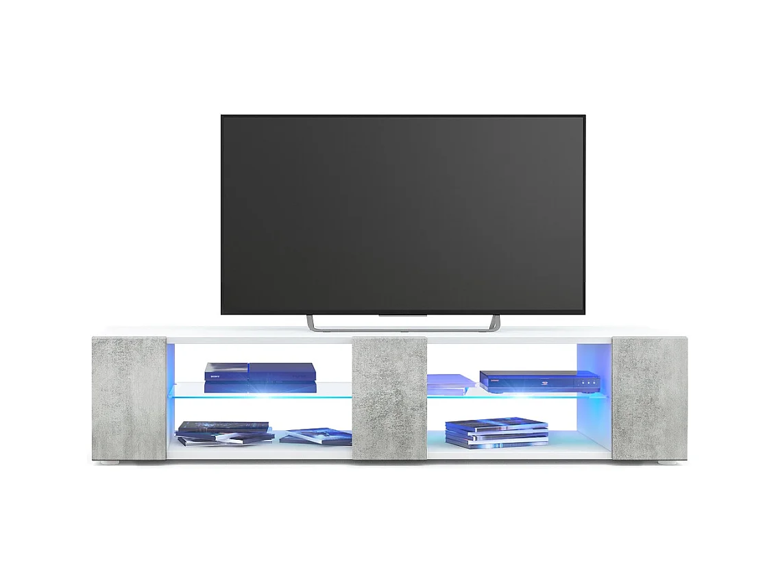 Buffet bas Movie V2, Meuble TV avec 6 compartiments ouverts et placages décoratifs, Blanc mat/Aspect Béton Oxyde, éclairage LED bleu inclus (134 x 29 x 39 cm)