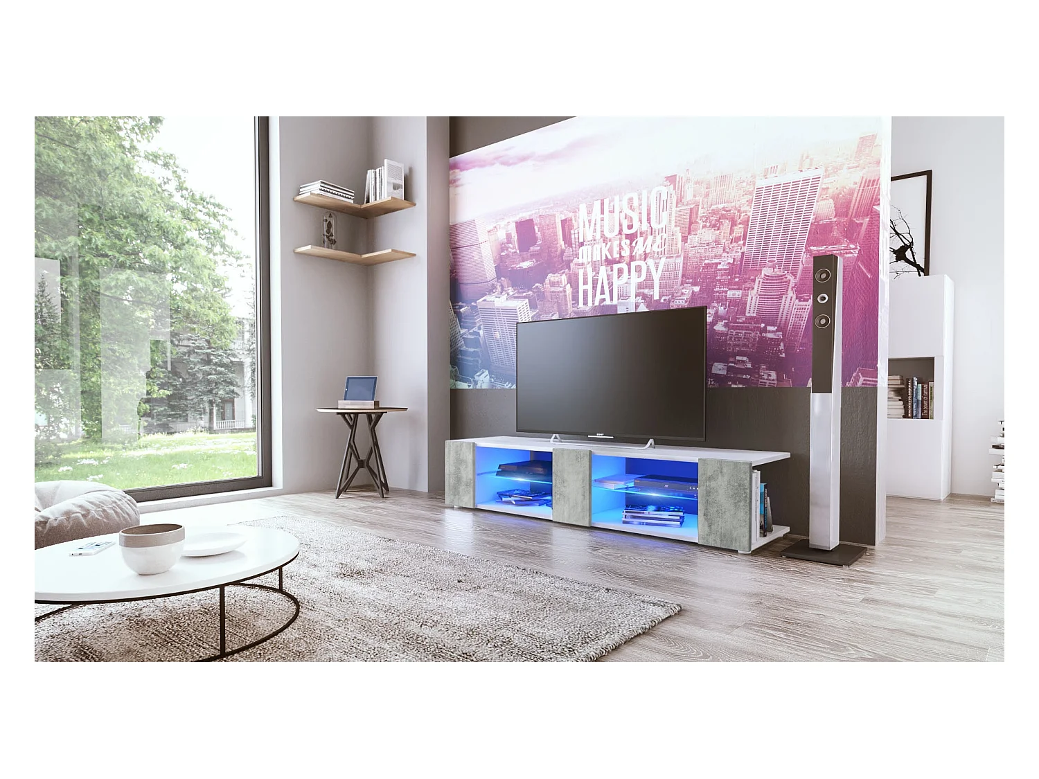 Buffet bas Movie V2, Meuble TV avec 6 compartiments ouverts et placages décoratifs, Blanc mat/Aspect Béton Oxyde, éclairage LED bleu inclus (134 x 29 x 39 cm)