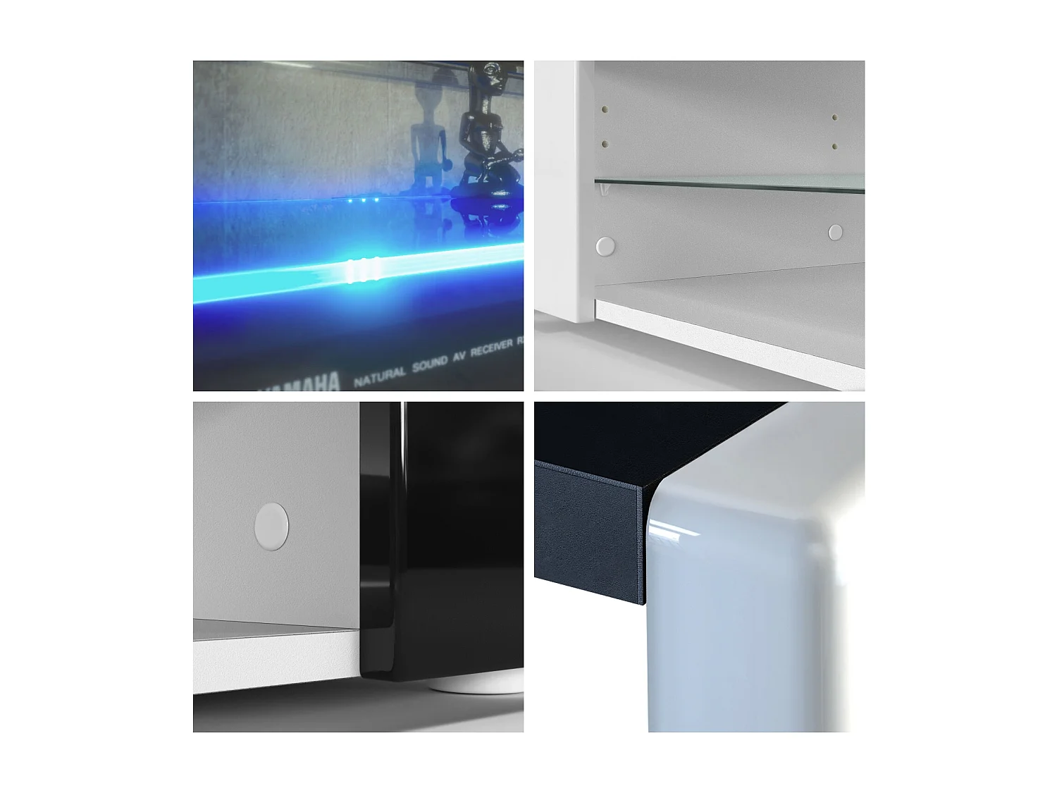 Buffet bas Movie V2, Meuble TV avec 6 compartiments ouverts et placages décoratifs, Blanc mat/Aspect Béton Oxyde, éclairage LED bleu inclus (134 x 29 x 39 cm)