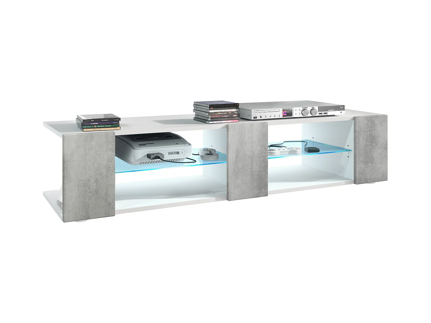 Buffet bas Movie V2, Meuble TV avec 6 compartiments ouverts et placages décoratifs, Blanc mat/Aspect Béton Oxyde, éclairage LED bleu inclus (134 x 29 x 39 cm)