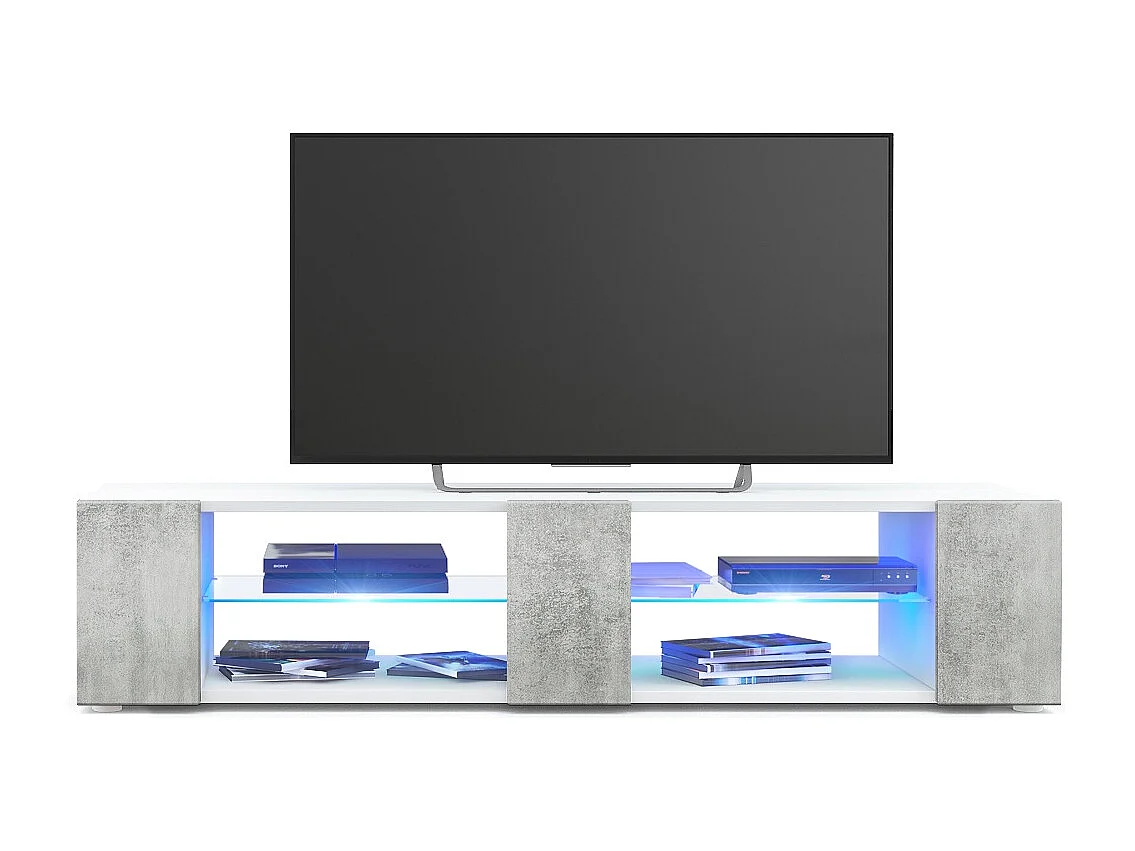Buffet bas Movie V2, Meuble TV avec 6 compartiments ouverts et placages décoratifs, Blanc mat/Aspect Béton Oxyde, éclairage LED bleu inclus (134 x 29 x 39 cm)