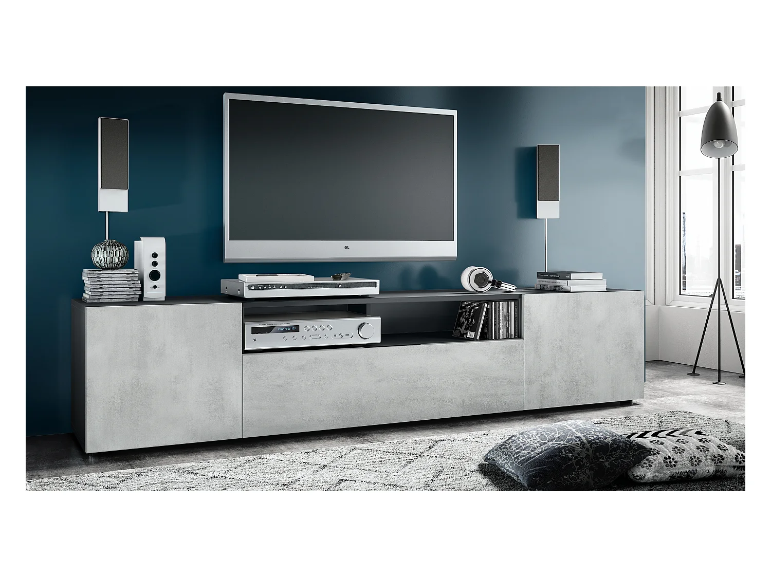 Buffet bas Mogan, Meuble TV avec 2 portes, 1 clapet et 1 compartiment ouvert, Noir mat/Aspect Béton Oxyde (181 x 39 x 35 cm)