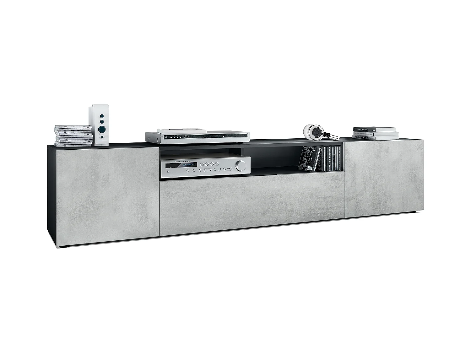 Buffet bas Mogan, Meuble TV avec 2 portes, 1 clapet et 1 compartiment ouvert, Noir mat/Aspect Béton Oxyde (181 x 39 x 35 cm)