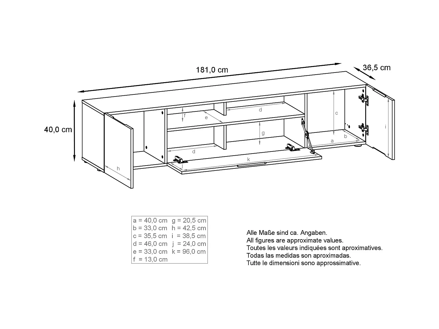 Buffet bas Mogan, Meuble TV avec 2 portes, 1 clapet et 1 compartiment ouvert, Noir mat/Aspect Béton Oxyde (181 x 39 x 35 cm)