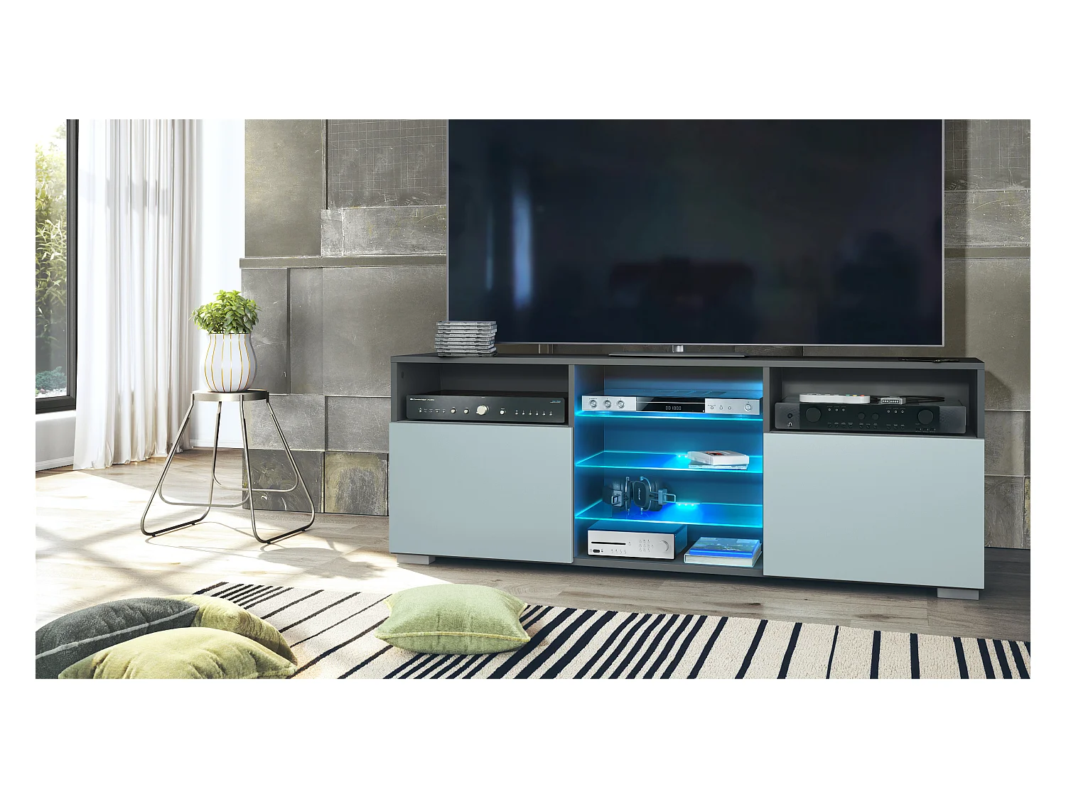 Meuble TV Granada, Lowboard avec 2 portes et 6 compartiments ouverts, corps anthracite mat, façades en denim mat avec éclairage LED RVB  (146 x 54 x 35 cm)