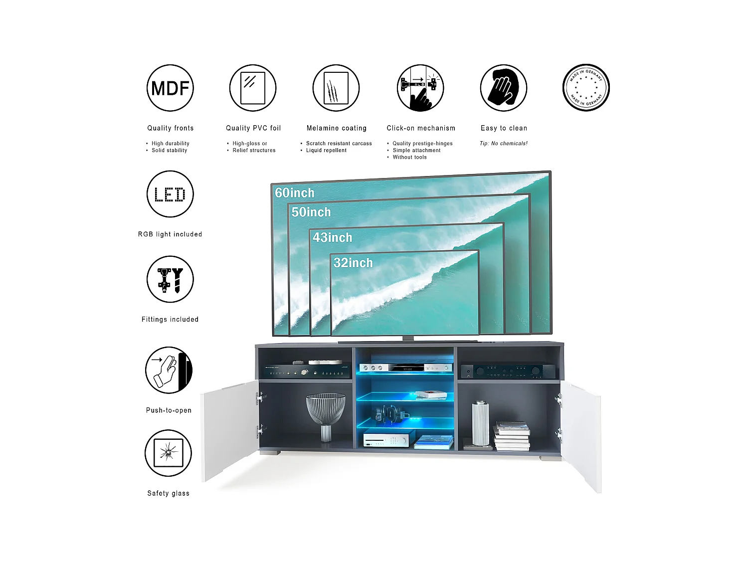 Meuble TV Granada, Lowboard avec 2 portes et 6 compartiments ouverts, corps anthracite mat, façades en denim mat avec éclairage LED RVB  (146 x 54 x 35 cm)
