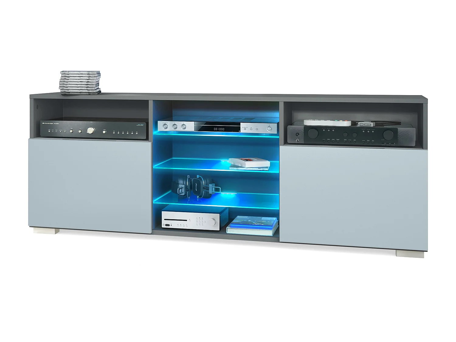 Meuble TV Granada, Lowboard avec 2 portes et 6 compartiments ouverts, corps anthracite mat, façades en denim mat avec éclairage LED RVB  (146 x 54 x 35 cm)