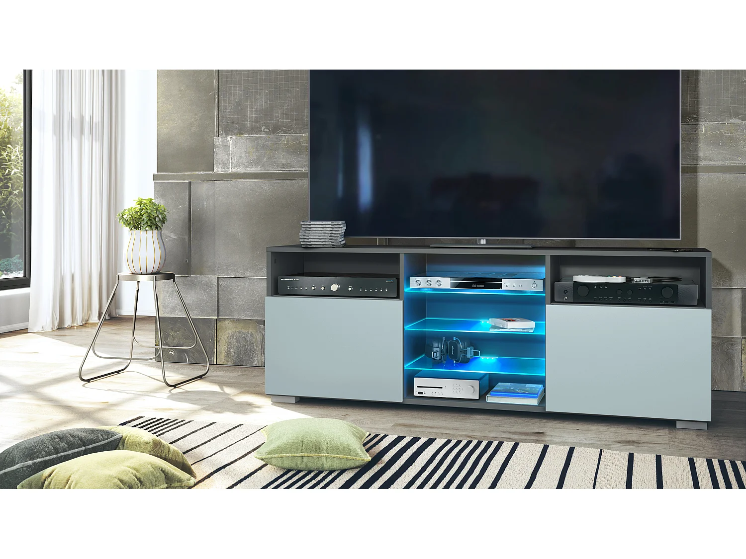 Meuble TV Granada, Lowboard avec 2 portes et 6 compartiments ouverts, corps anthracite mat, façades en denim mat avec éclairage LED RVB  (146 x 54 x 35 cm)