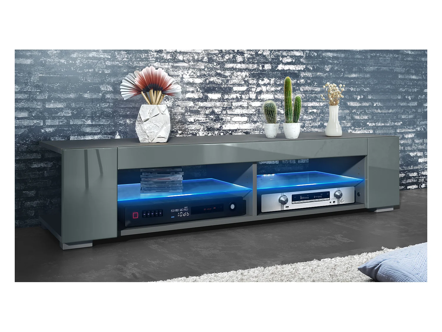 Meuble TV Movie, meuble TV avec 4 compartiments ouverts et moulures décoratives, anthracite mat/ éclairage LED inclus (134,5 x 30,5 x 38,5 cm)