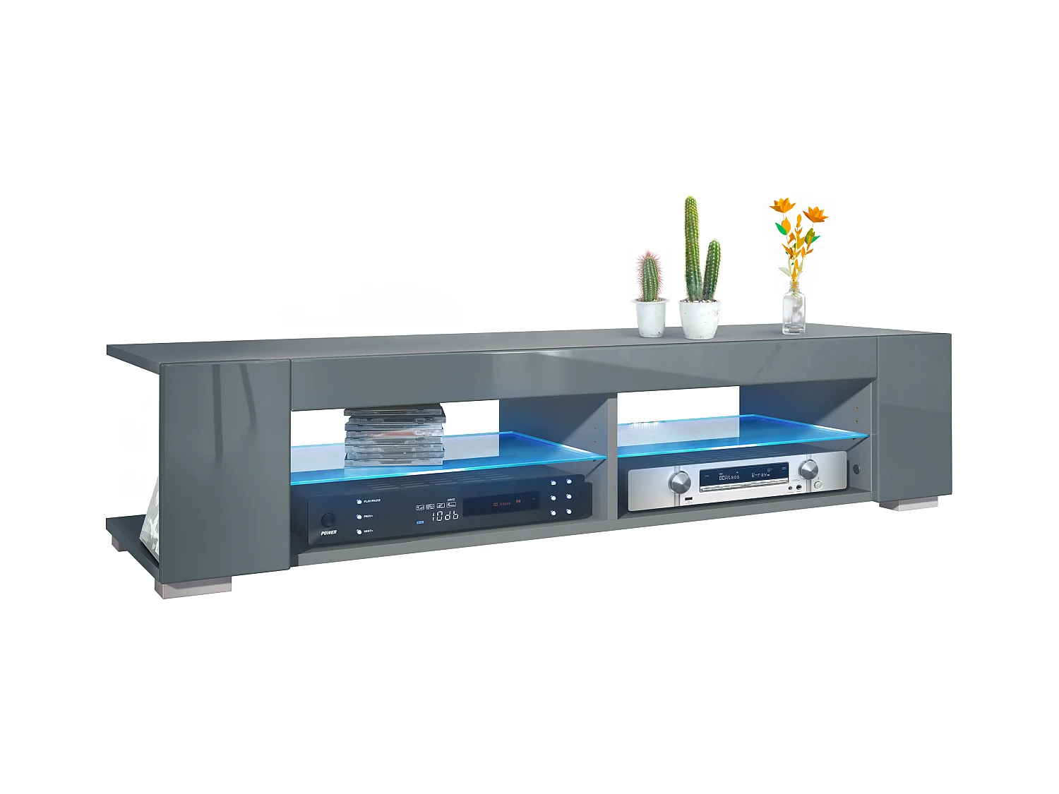 Meuble TV Movie, meuble TV avec 4 compartiments ouverts et moulures décoratives, anthracite mat/ éclairage LED inclus (134,5 x 30,5 x 38,5 cm)
