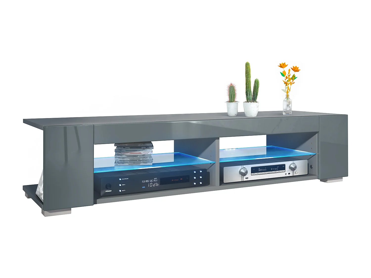 Meuble TV Movie, meuble TV avec 4 compartiments ouverts et moulures décoratives, anthracite mat/ éclairage LED inclus (134,5 x 30,5 x 38,5 cm)