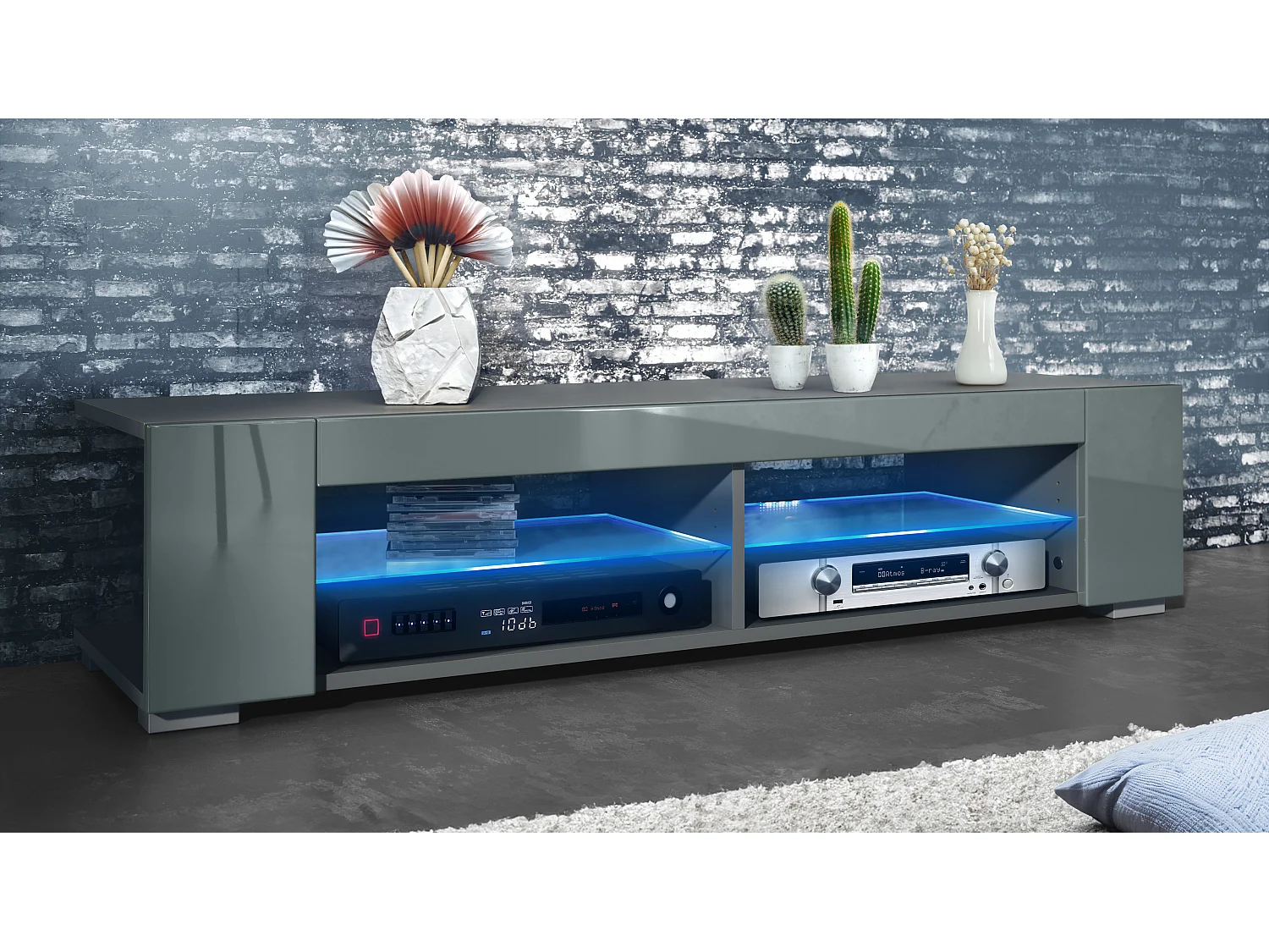 Meuble TV Movie, meuble TV avec 4 compartiments ouverts et moulures décoratives, anthracite mat/ éclairage LED inclus (134,5 x 30,5 x 38,5 cm)