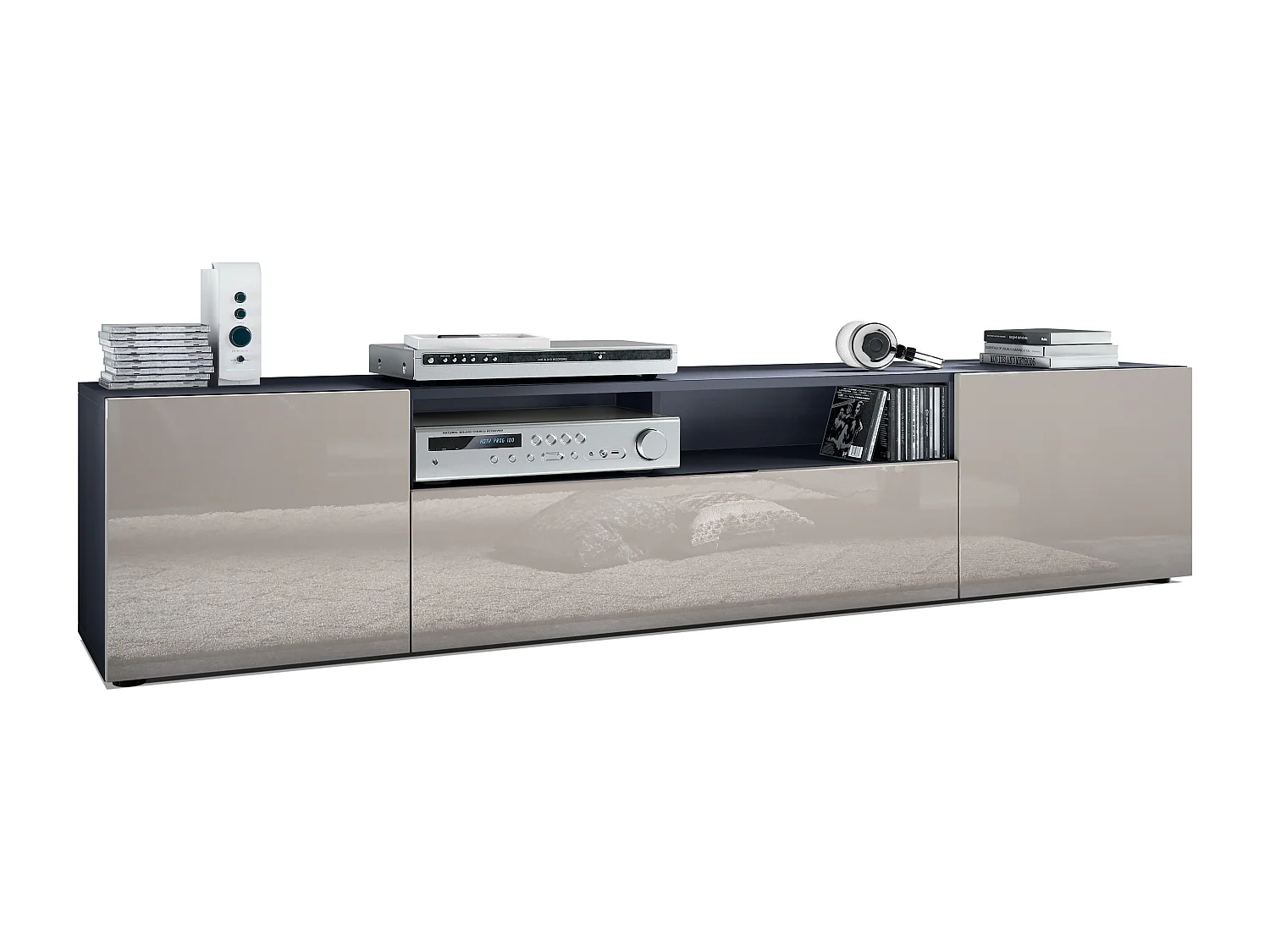 Meuble TV Mogan 181 x 39 x 35 cm, lowboard long avec 6 compartiments, caisson en anthracite mat, façades en Gris sable haute brillance