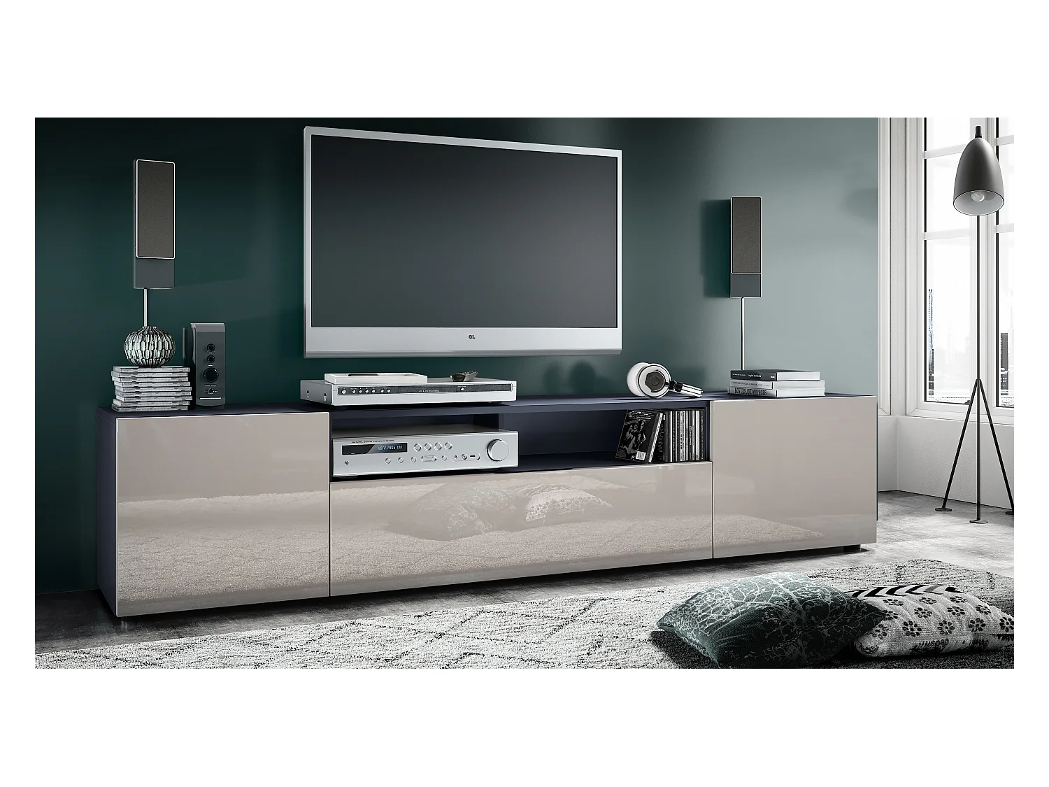 Meuble TV Mogan 181 x 39 x 35 cm, lowboard long avec 6 compartiments, caisson en anthracite mat, façades en Gris sable haute brillance