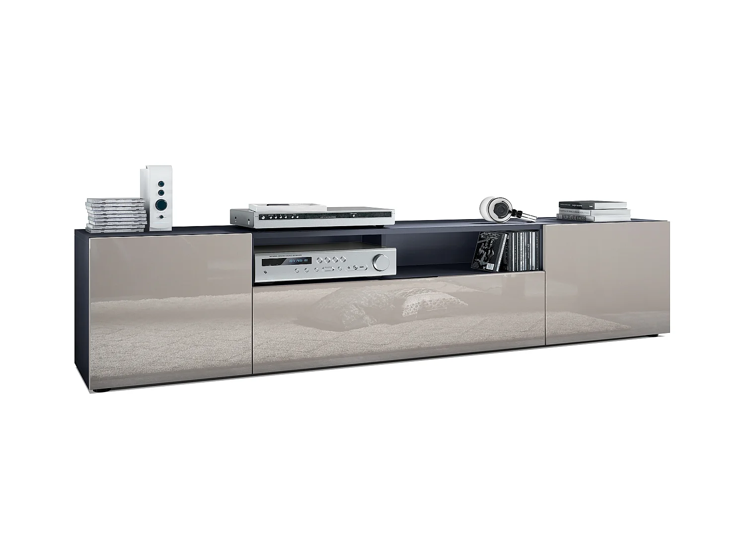 Meuble TV Mogan 181 x 39 x 35 cm, lowboard long avec 6 compartiments, caisson en anthracite mat, façades en Gris sable haute brillance