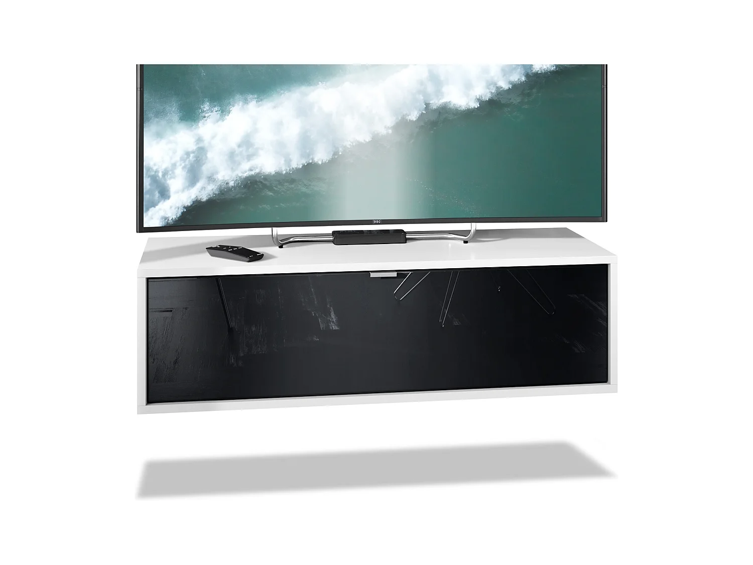 Meuble TV Lana 100 armoire murale lowboard 100 x 29 x 37 cm, caisson en Blanc mat, façades en Noir haute brillance | Grand choix de couleurs