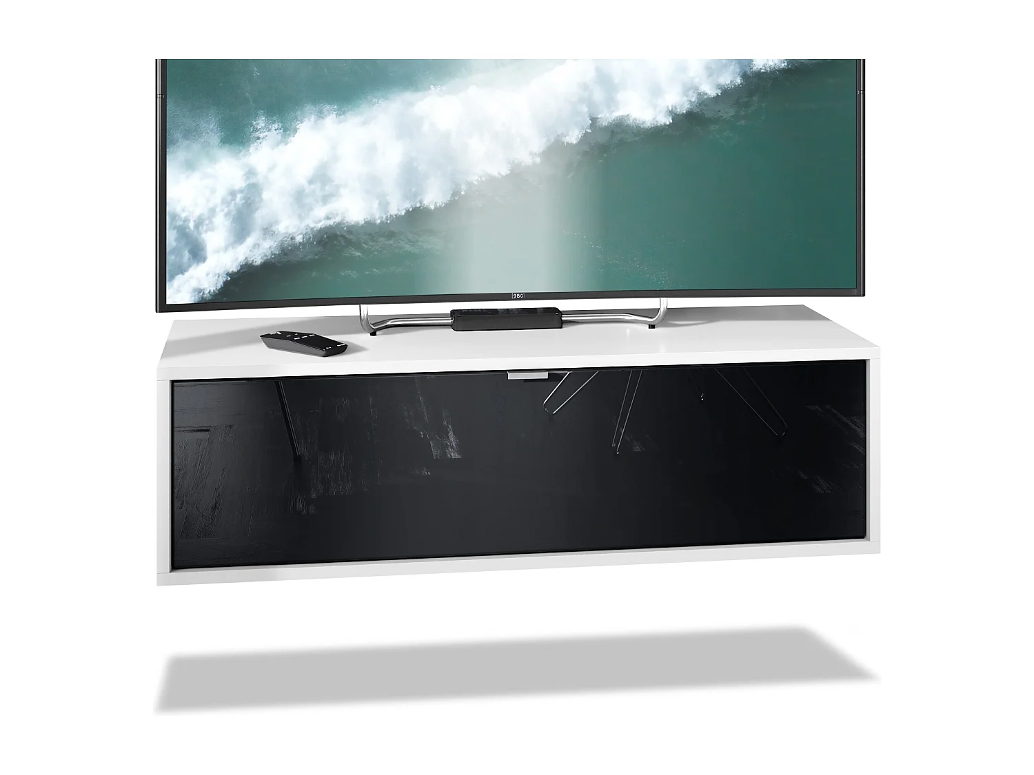 Meuble TV Lana 100 armoire murale lowboard 100 x 29 x 37 cm, caisson en Blanc mat, façades en Noir haute brillance | Grand choix de couleurs